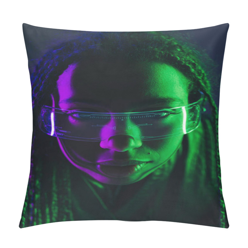 Personality  Portrait Of African American Woman With Pigtails Using Smart Glasses Isolated On Dark Blue  Pillow Covers