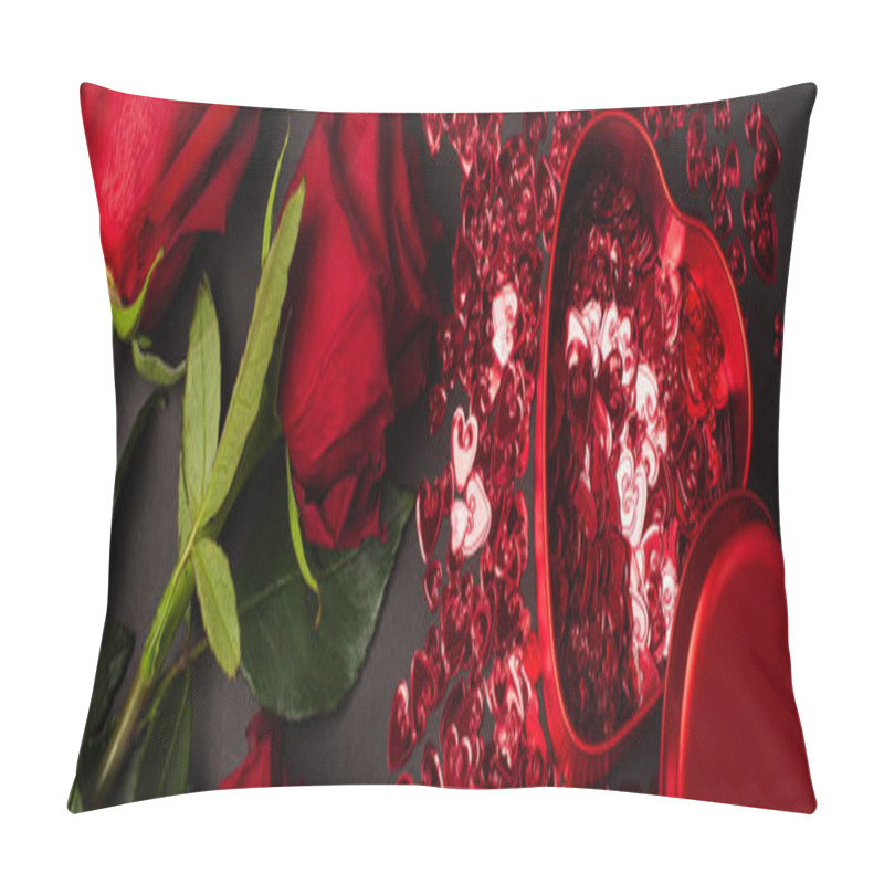 Personality  Top View Of Red Roses Near Metallic Heart-shaped Box And Shiny Confetti On Black, Banner Pillow Covers