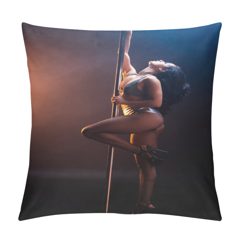 Personality  Side View Of Sexy Stripper In Panties And Bra Dancing Near Pylon On Blue And Orange With Smoke Pillow Covers