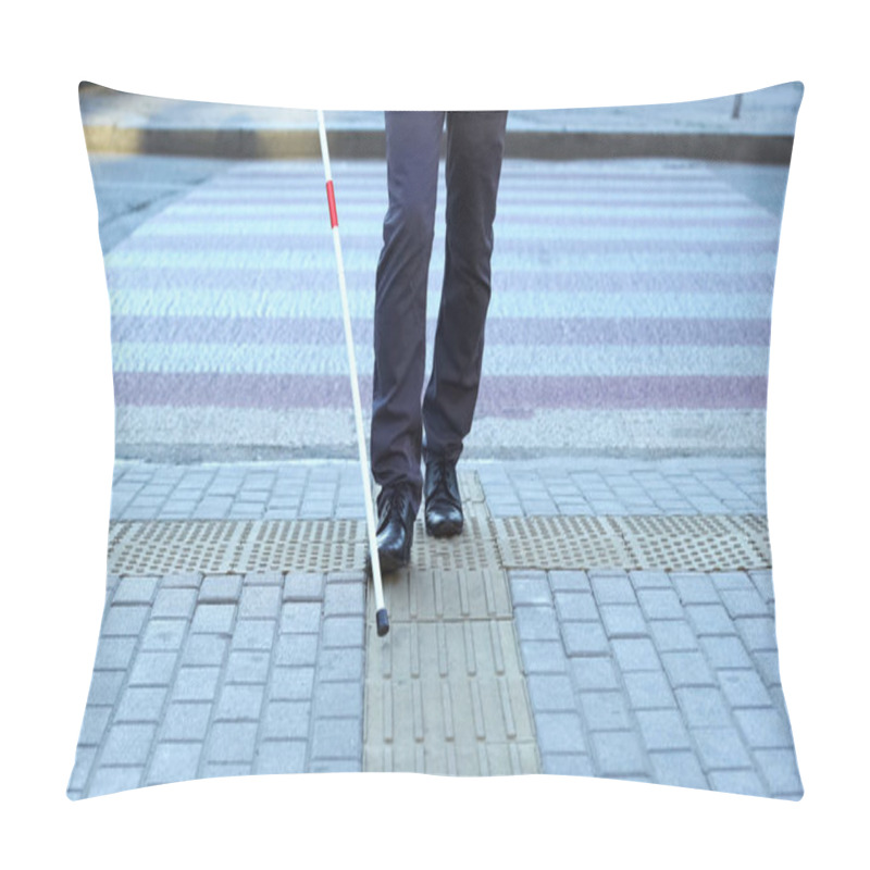 Personality  Visually Impaired Man Using Tactile Tiles To Navigate City, Finishing Crossroad Pillow Covers