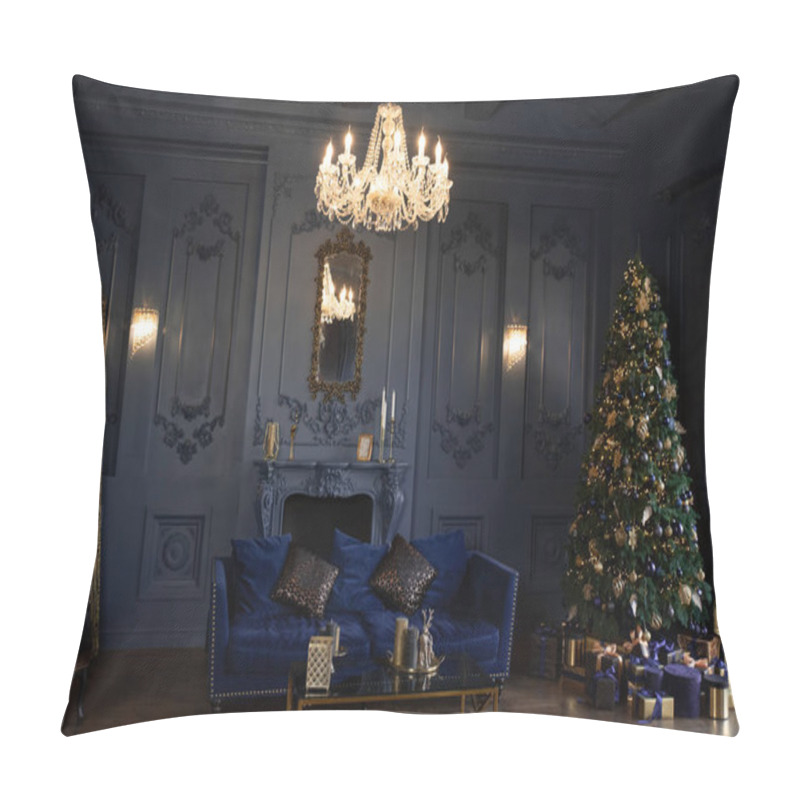 Personality  Christmas Tree. A Dark Hall With A Holiday Atmosphere, A Cosy Fireplace And A Sofa. Lots Of Gift Boxes Near The Tree Pillow Covers