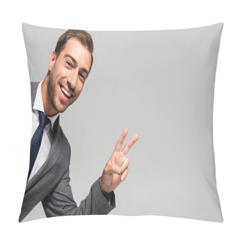 Personality  Handsome And Smiling Businessman In Suit Showing Peace Sign Isolated On Grey  Pillow Covers