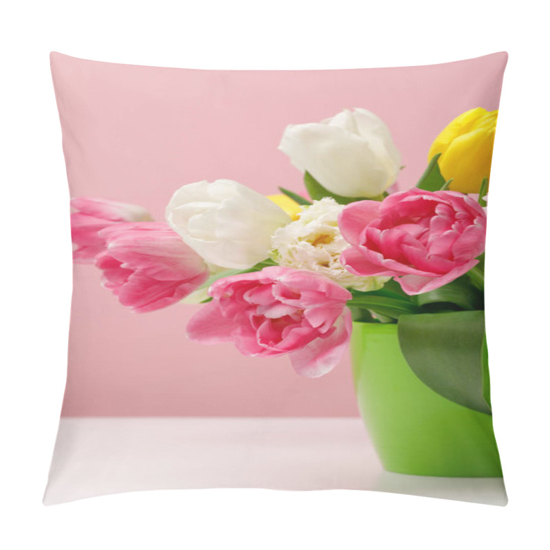 Personality  Tender Blooming Tulips In Vase On Pink Background Pillow Covers