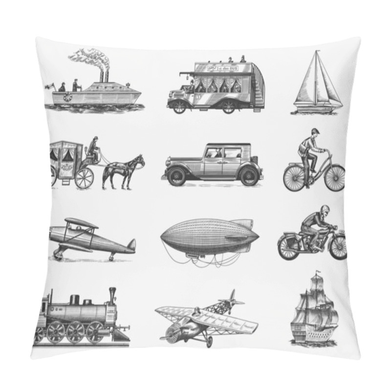 Personality  Submarine, Boat And Car, Motorbike, Horse-drawn Carriage. Airship Or Dirigible, Air Balloon, Airplanes Corncob, Locomotive. Engraved Hand Drawn In Old Sketch Style, Vintage Passengers Transport. Pillow Covers