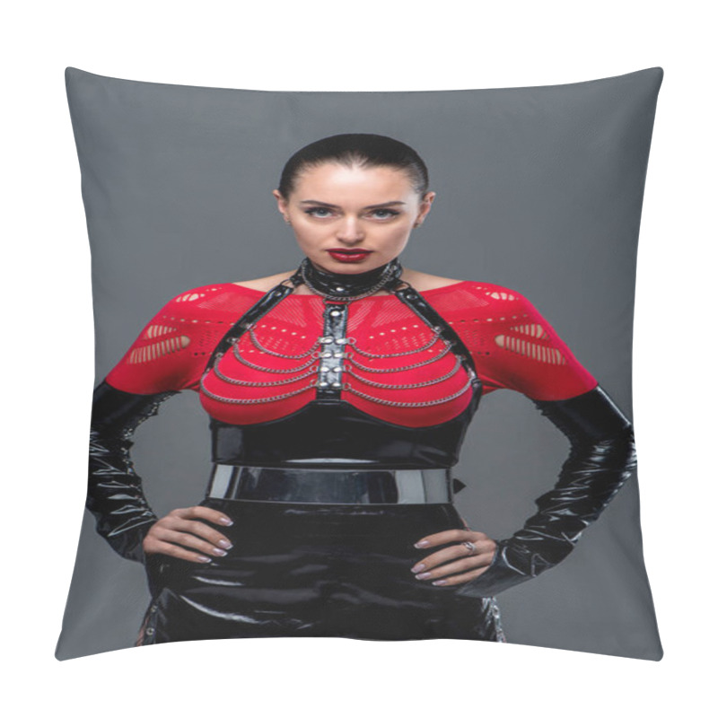 Personality  Kinky Woman In Sexy Costume Looking At Camera Isolated On Grey  Pillow Covers