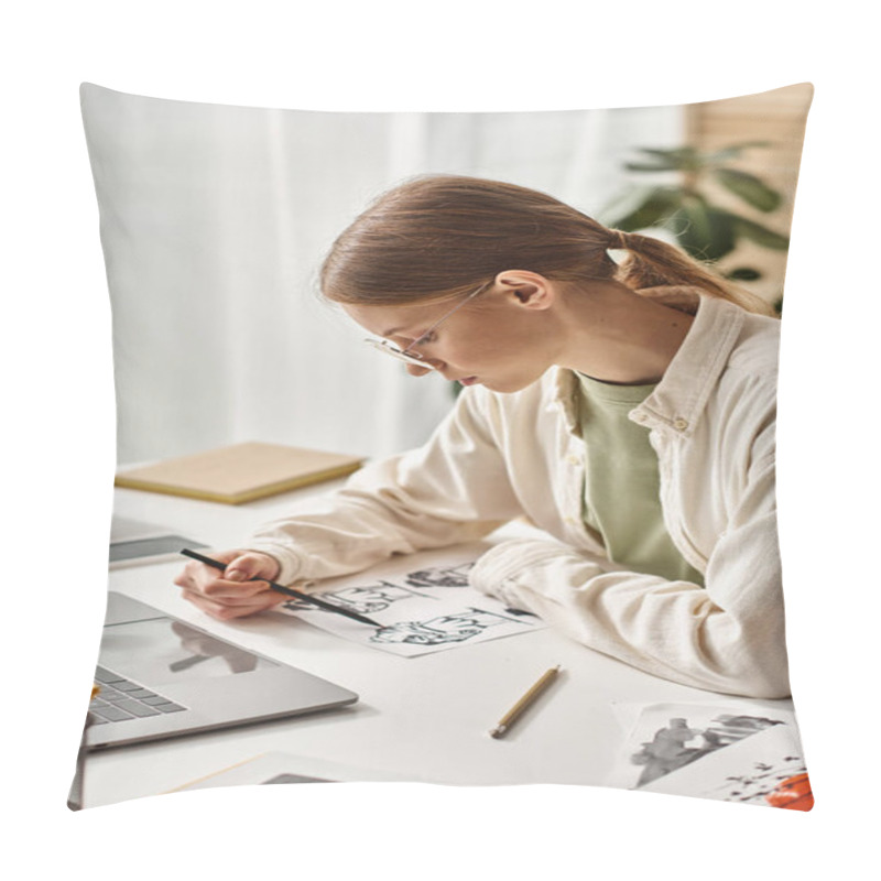 Personality  Young Teenage Girl Drawing With Pencil Near Laptop At Home, E-learning And Art Class Concept Pillow Covers