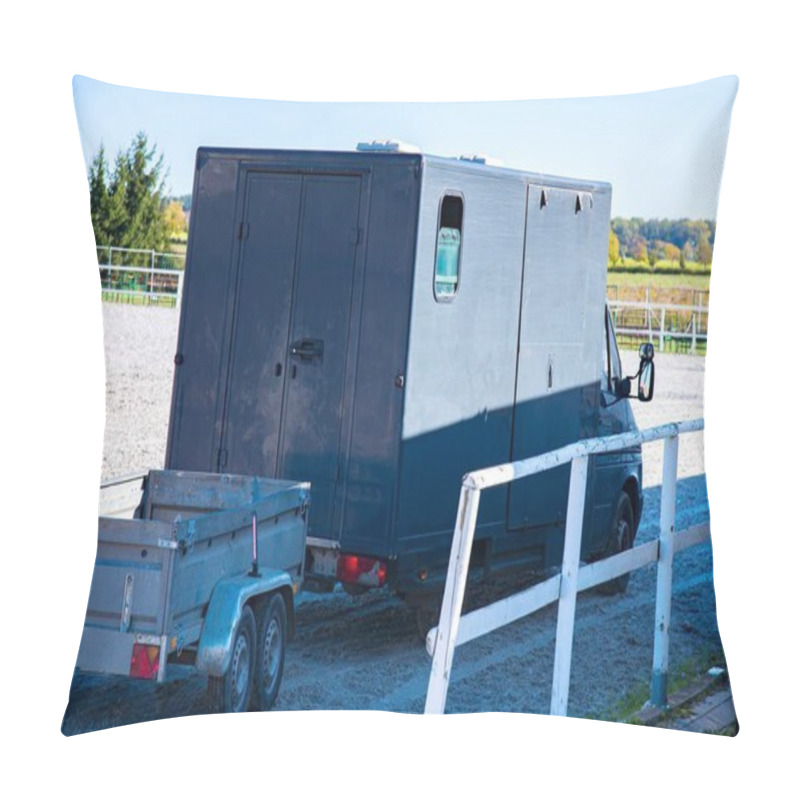 Personality  Horse Vehicle .  Carriage For Horses . Auto Trailer For Transportation Of Horses . Transportation Livestock . Horse Transportation Van , Equestrian Sport Pillow Covers