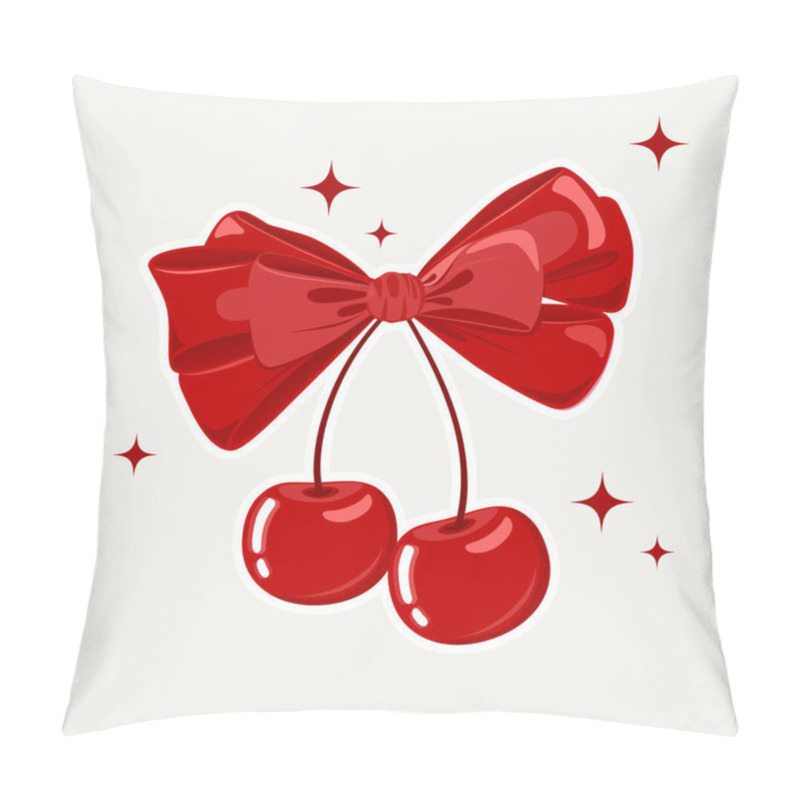 Personality  Romantic Illustration With Sweet Cherry Berries And Scarlet Bow. Coquette Style Design Element Ribbon. Cherry Vector Illustration. Pillow Covers