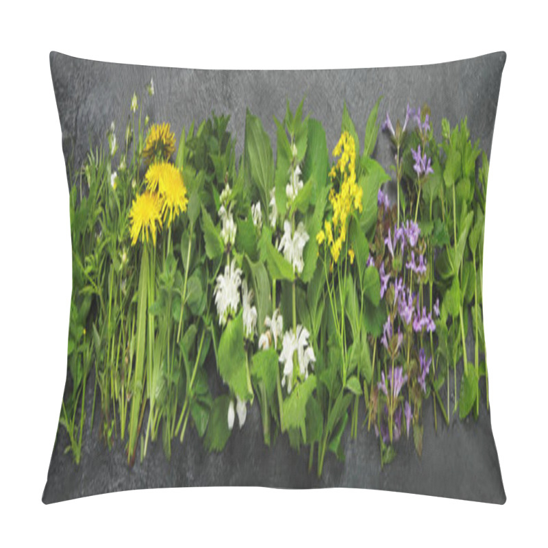 Personality  Edible Plants And Flowers On A Dark Background. Wild Herbs As Sources Of Carotenoids. Flat Lay, Top View, Panorama Pillow Covers