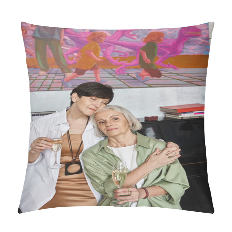 Personality  Two Sophisticated Women Standing Shoulder To Shoulder, Holding Wine Glasses. Pillow Covers