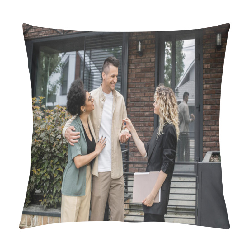 Personality  Successful Property Agent Giving Key To Happy Multiethnic Couple Near House On City Street Pillow Covers