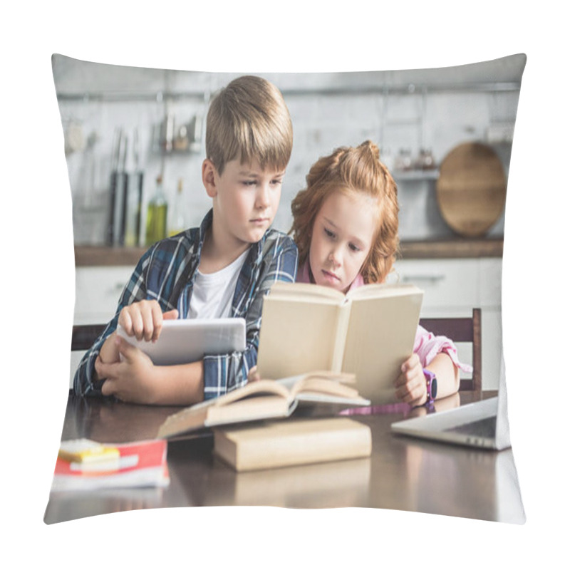 Personality  Concentrated Little Brother And Sister With Devices Reading Book Together Pillow Covers