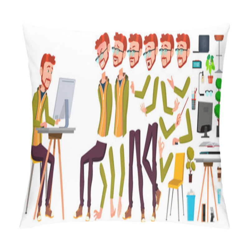 Personality  Office Worker Vector. Red Head, Ginger. Animation Creation Set. Adult Business Male. Successful Corporate Officer, Clerk, Servant. Scene Generator. Isolated Flat Character Illustration Pillow Covers