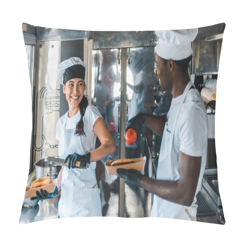 Personality  Selective Focus Of Happy Multicultural Chefs Holding Carton Plates With Street Food  Pillow Covers