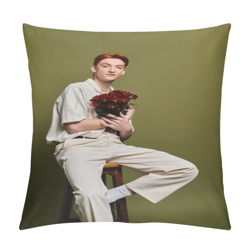 Personality  A Handsome Young Man Sits On A Stool, Gently Cradling A Bouquet Of Flowers, Exuding Emotions. Pillow Covers