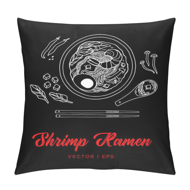 Personality  Hand Drawn Vector Shrimp Ramen Sketch, Made Of Mushroom, Egg, Tofu And Spinach. Asian Seafood Food With Oriental Spoon, Simple Line Drawing Menu Decoration. Pillow Covers