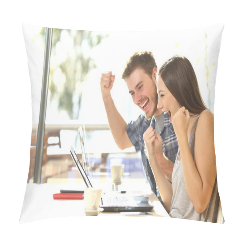 Personality  Euphoric Students Watching Exam Results Pillow Covers