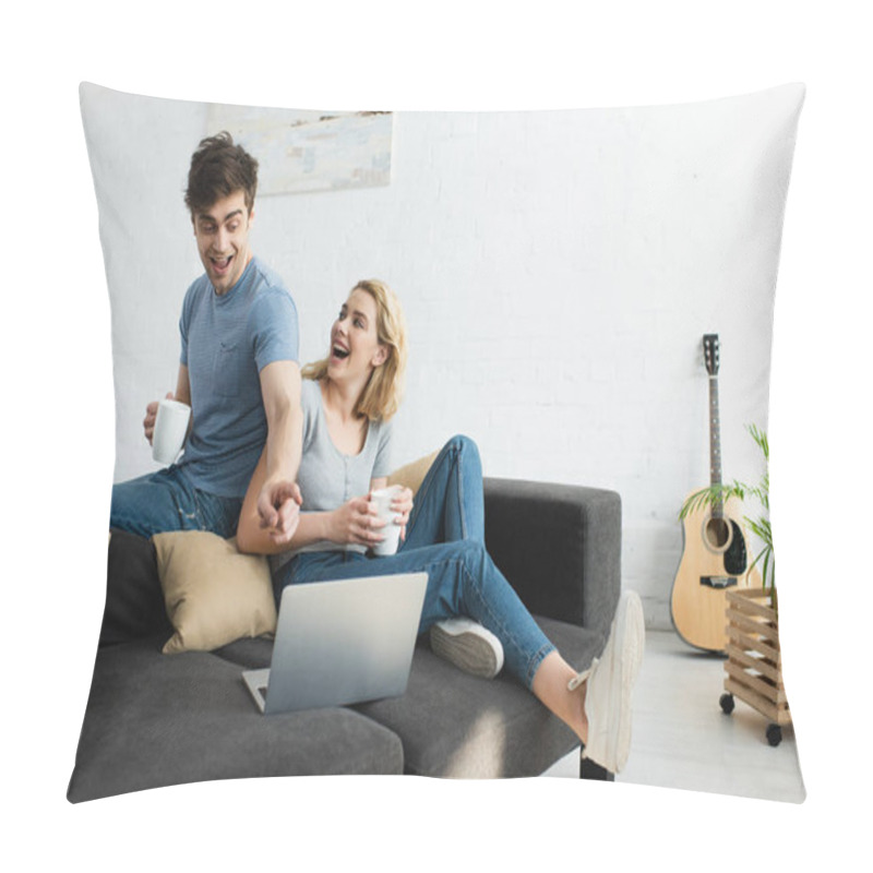 Personality  Happy Man Pointing With Finger At Laptop While Holding Cup Near Attractive Blonde Girl  Pillow Covers