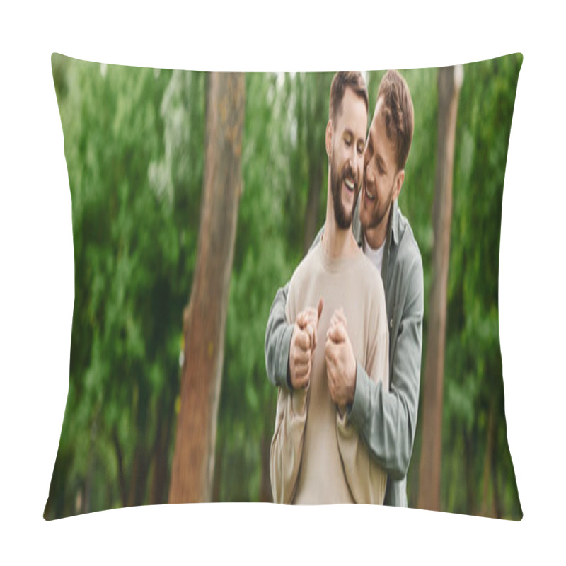 Personality  A Bearded Gay Couple Happily Embraces In A Lush Green Park, Surrounded By Trees. Pillow Covers