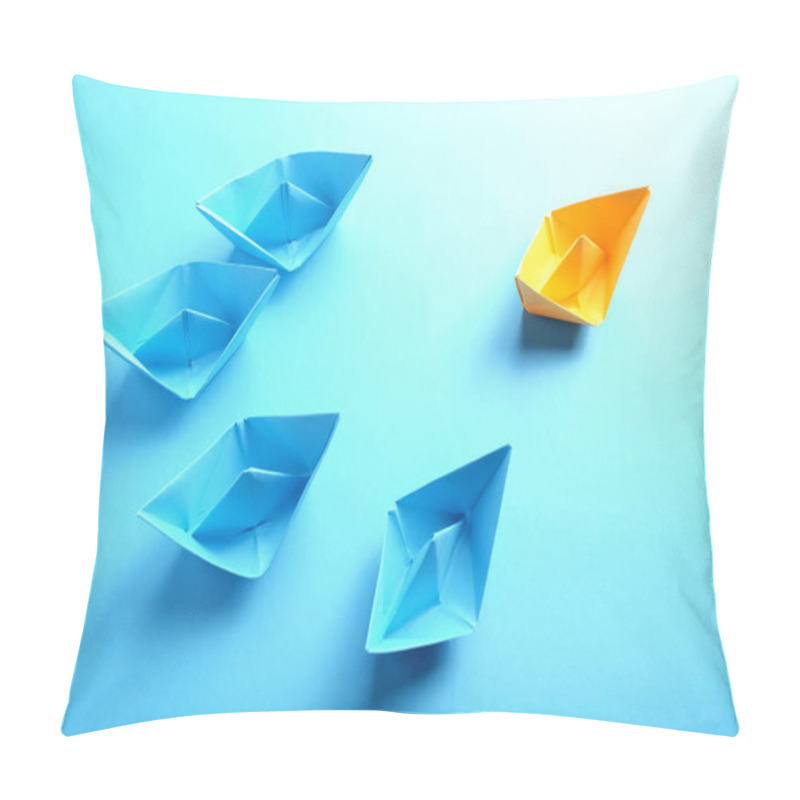 Personality  Group Of Origami Boats On Blue. One Orange Paper Boat With A Group Of Blue Boats On Blue. Team Work Concept. Pillow Covers