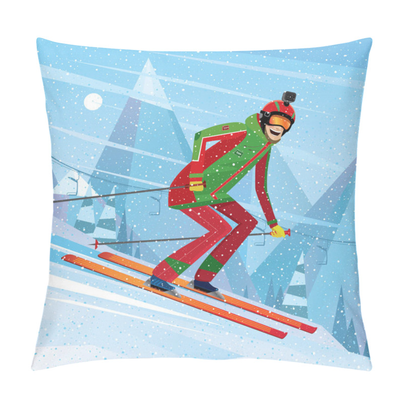 Personality  Descent From The Mountain On Skis Pillow Covers