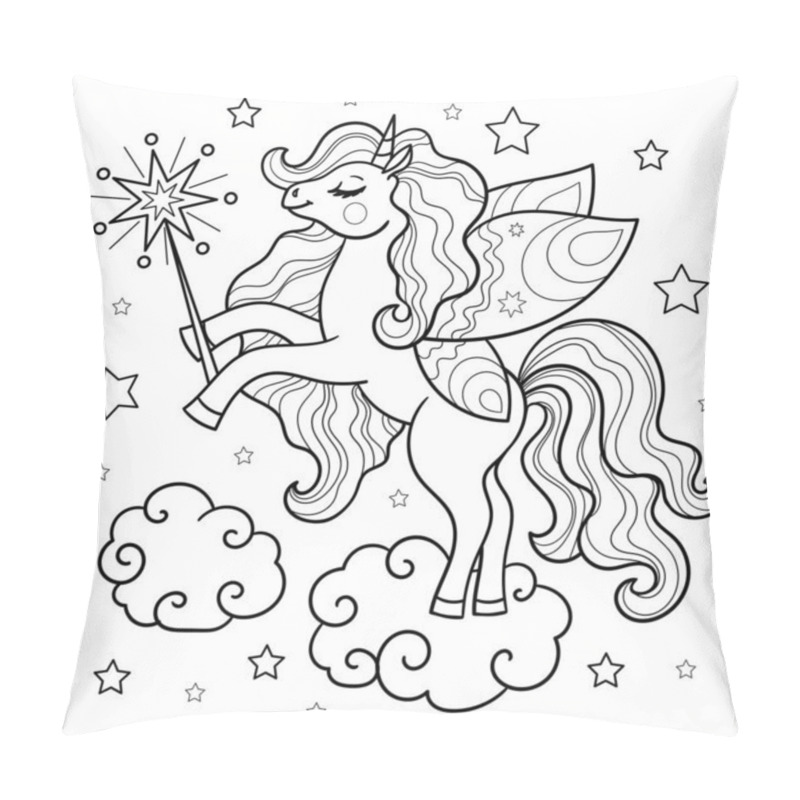 Personality  Cute Unicorn With A Magic Wand On A Cloud. Black And White Linear Drawing. For The Design Of Prints Frame Paint Books, Posters, Stickers, Cards, T-shirts, Cups And So On. Vector Pillow Covers