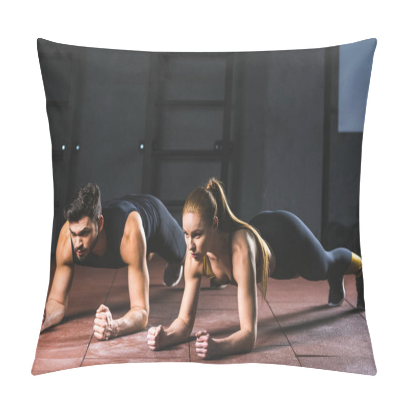 Personality  Young Sportswoman And Sportsman Doing Push Ups In Sports Hall Pillow Covers