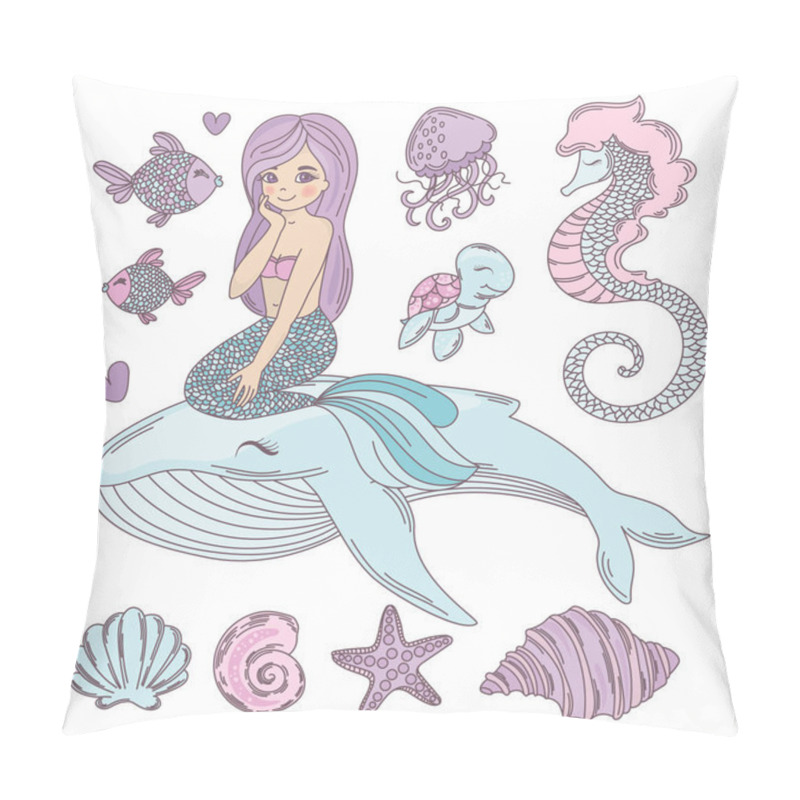 Personality  MERMAID FRIENDS Cartoon Travel Tropical Vector Illustration Set For Print, Fabric And Decoration. Pillow Covers