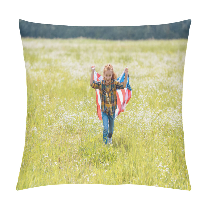 Personality  Cheerful Child Running In Field With American Flag In Hands Pillow Covers