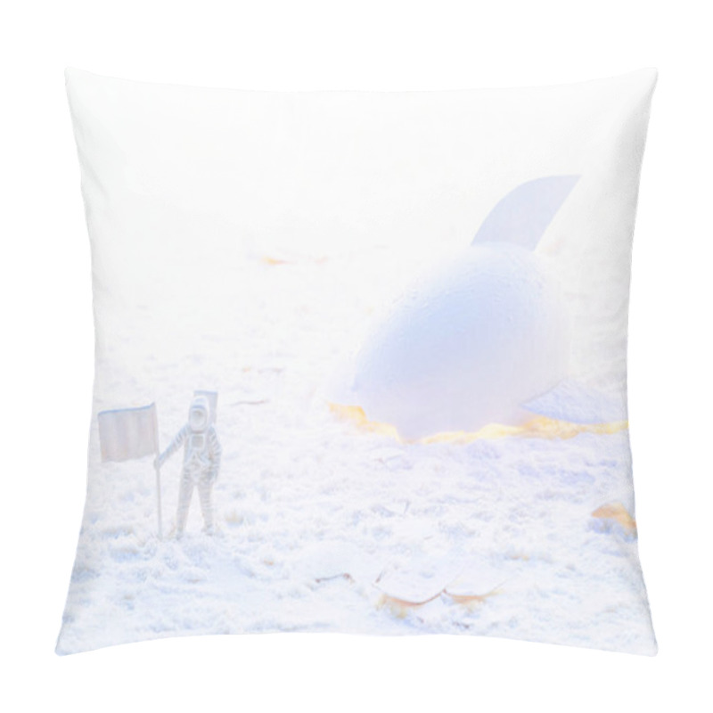 Personality  Conceptual High Key Photo Of A White Astronaut Near The Broken Spaceship Made Of Eggshell Exploring Snow Planet. White Space Concept. Pillow Covers