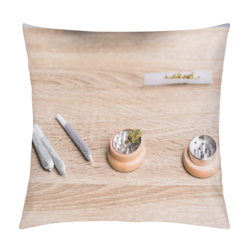 Personality  Joints With Medical Marijuana And Herb Grinder On Table  Pillow Covers