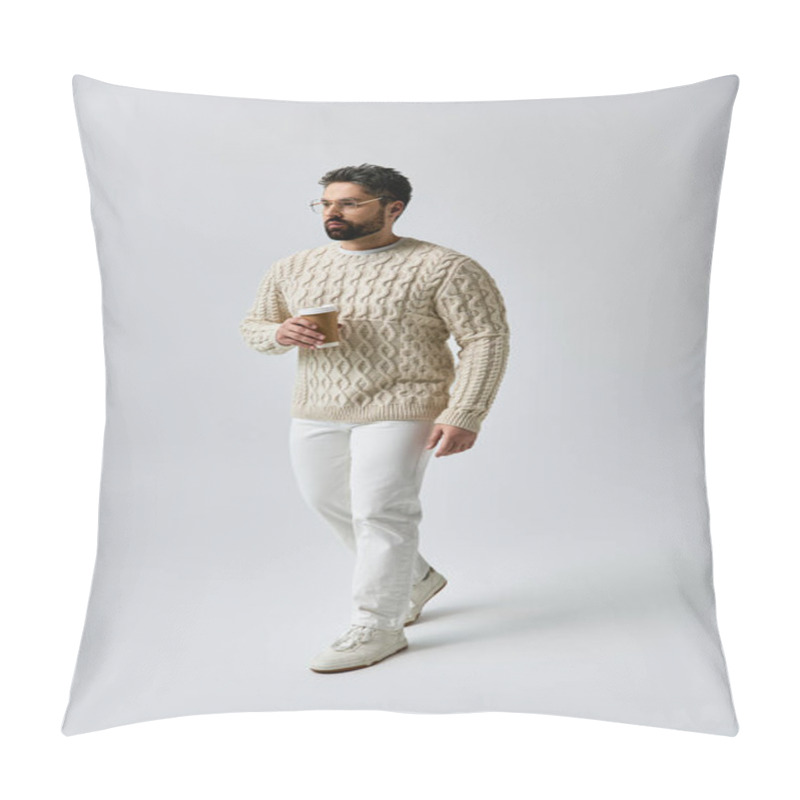 Personality  A Captivating Man With A Beard Striking A Pose In A White Sweater And Matching Pants Against A Grey Studio Backdrop. Pillow Covers