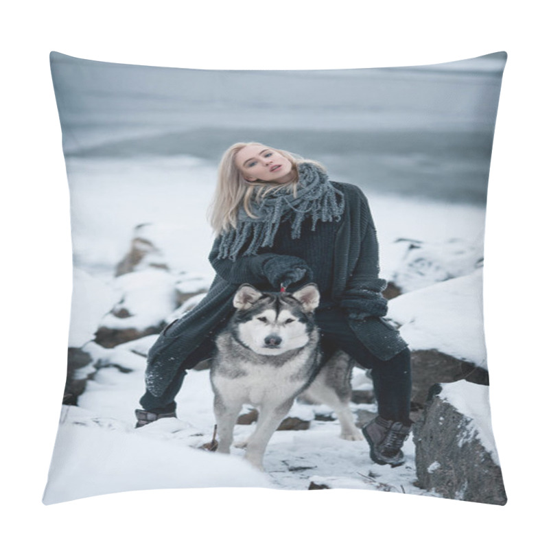 Personality  Girl With Dog Malamute Among Rocks In Winter. Pillow Covers