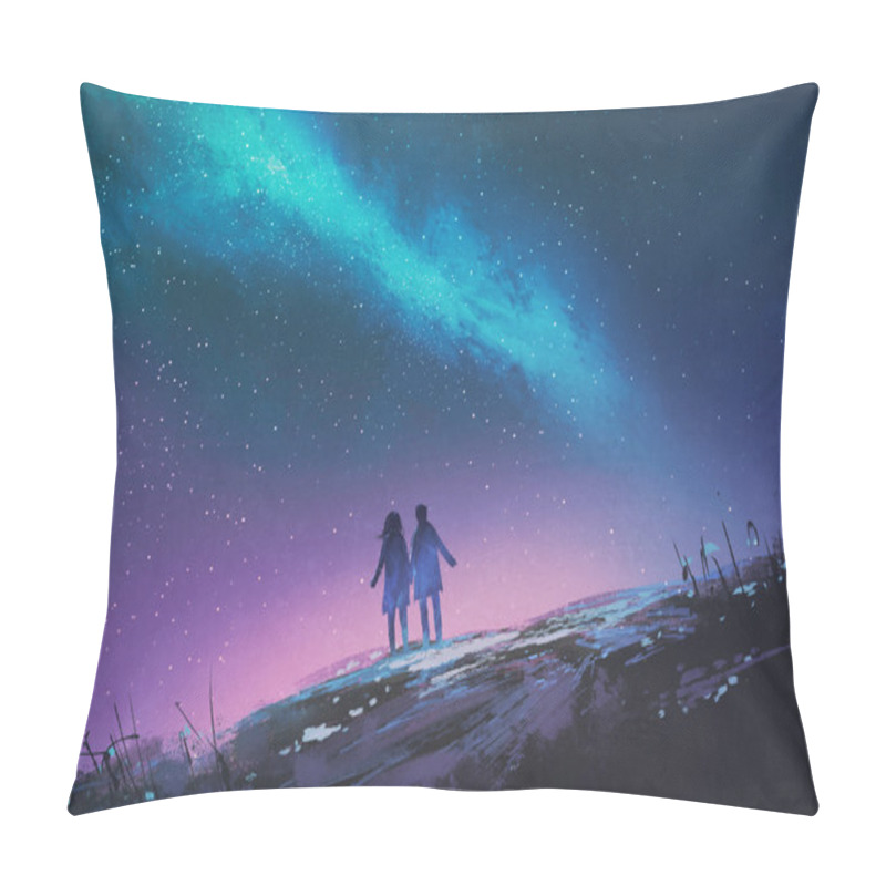 Personality  Young Couple Standing Holding Hands Against The Milky Way Galaxy Pillow Covers