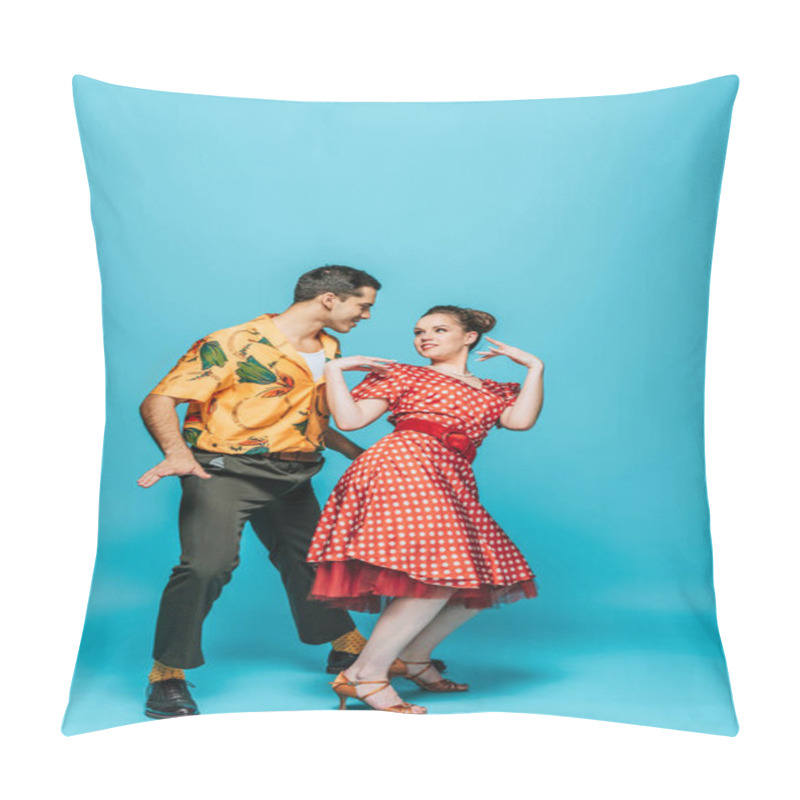 Personality  Cheerful Dancers Looking At Each Other While Dancing Boogie-woogie On Blue Background Pillow Covers