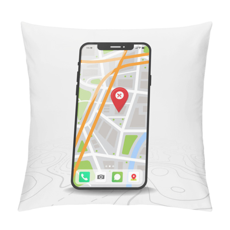 Personality  Smartphone With Map And Red Pinpoint On Screen, Isolated On Line Maps Background. Pillow Covers