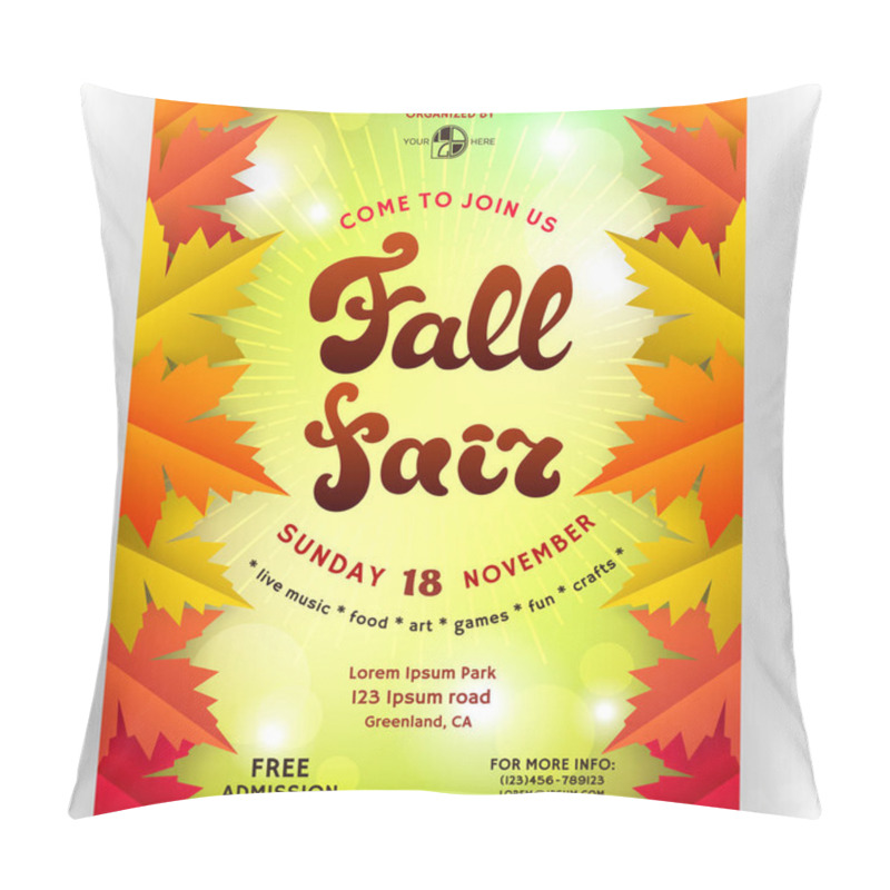 Personality  Fall Fair Poster Design. Template For Invitation. Customized Text And Abstract Maple Leaves. Bright Colorful Background With Shadows, Bokeh Effect And Shines. Vector Illustration. Pillow Covers