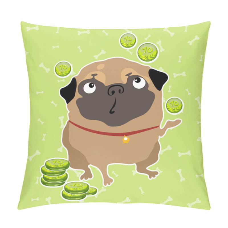 Personality  Pug Dog Finds The Money, Background With Bones Pillow Covers