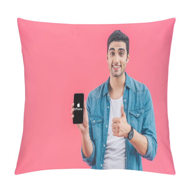 Personality  Happy Young Man Doing Thumb Up Gesture And Showing Iphone Smartphone Isolated On Pink Pillow Covers