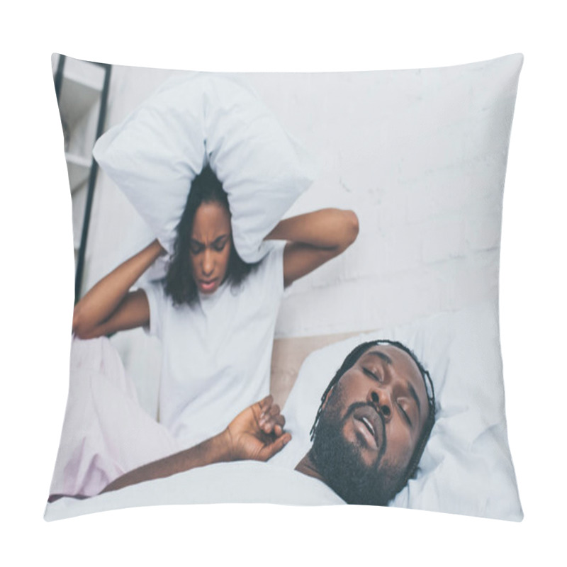 Personality  Unhappy African American Woman Covering Head With Pillow While Sitting In Bed Near Snoring Husband Pillow Covers