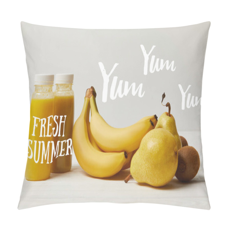 Personality  Yellow Detox Smoothies In Bottles With Bananas, Pears And Kiwis On White Background, Fresh Summer Inscription Pillow Covers