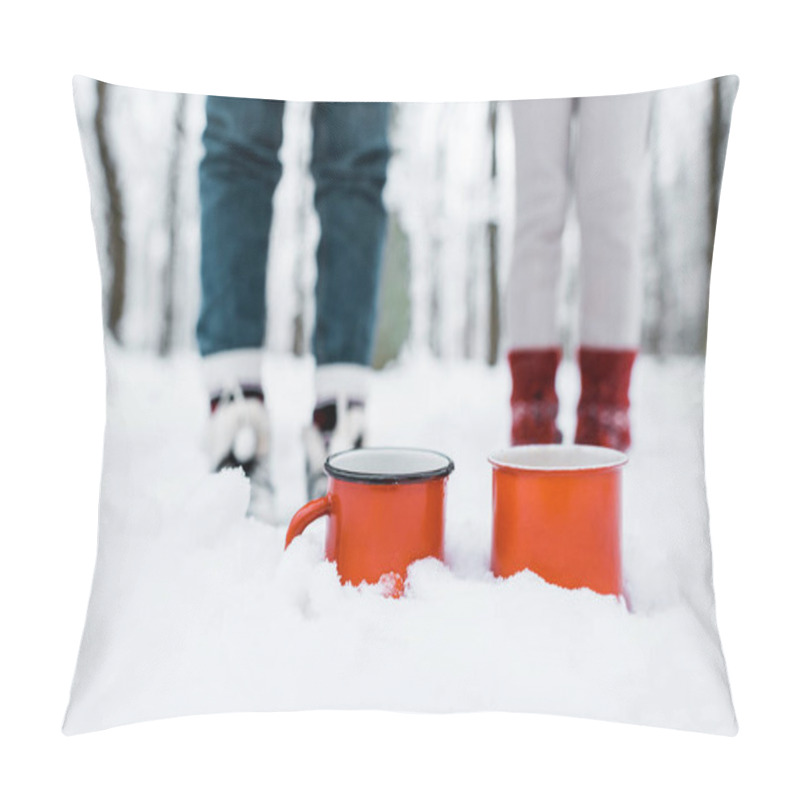 Personality  Cropped View Of Red Cups Of Tea Staying In Snow In Park In Snowy Forest Pillow Covers