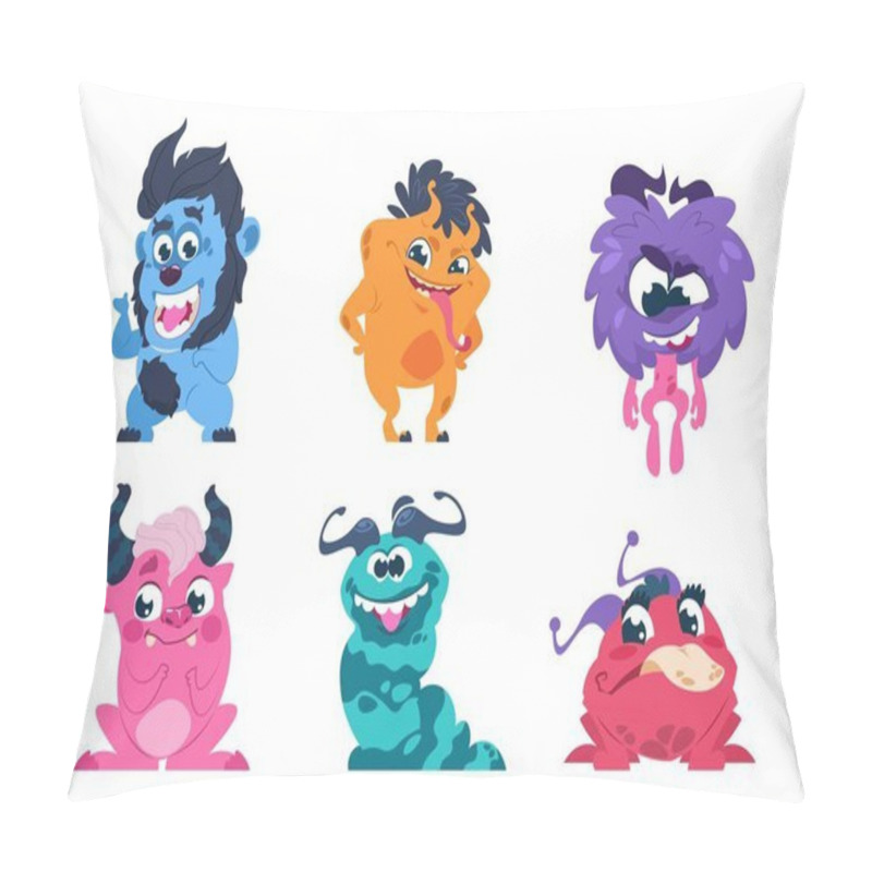 Personality  Cartoon Monsters. Funny And Scary Trolls Ghosts Goblins And Aliens With Cute Faces, Cute Isolated Characters. Vector Set Pillow Covers