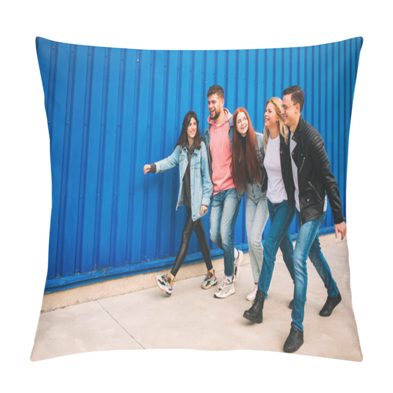 Personality  Group Of Four Young Diverse Friends In Jeanse Outfit Look Carefree, Young And Happy On Citys Streets Pillow Covers