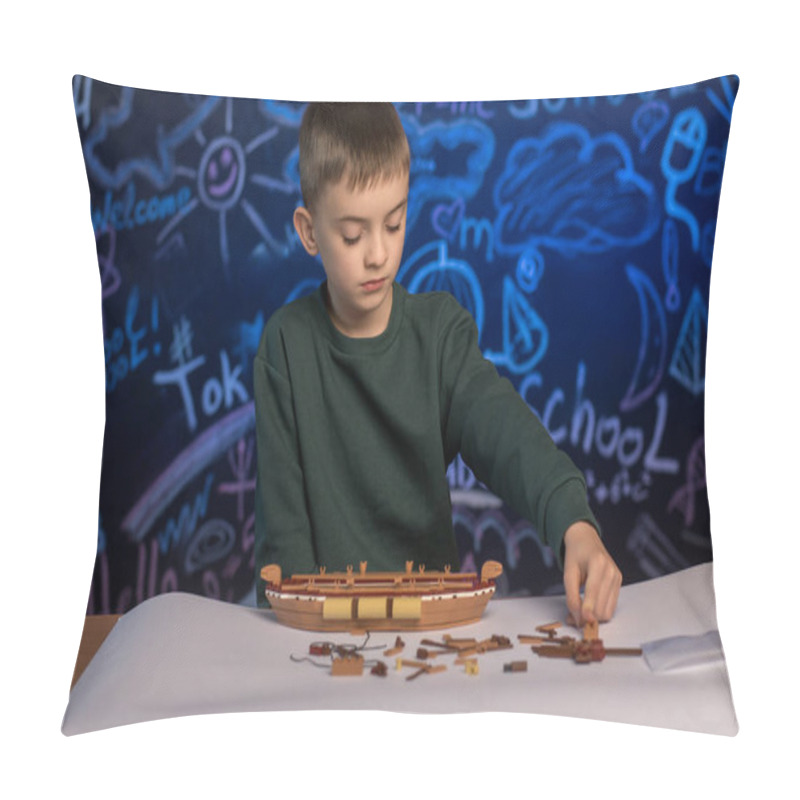 Personality  Child In A Green Sweater Building A Ship Model With Wooden Pieces, Representing Learning, Skill-building, And Creative Play In A Colorful Classroom Setting Pillow Covers