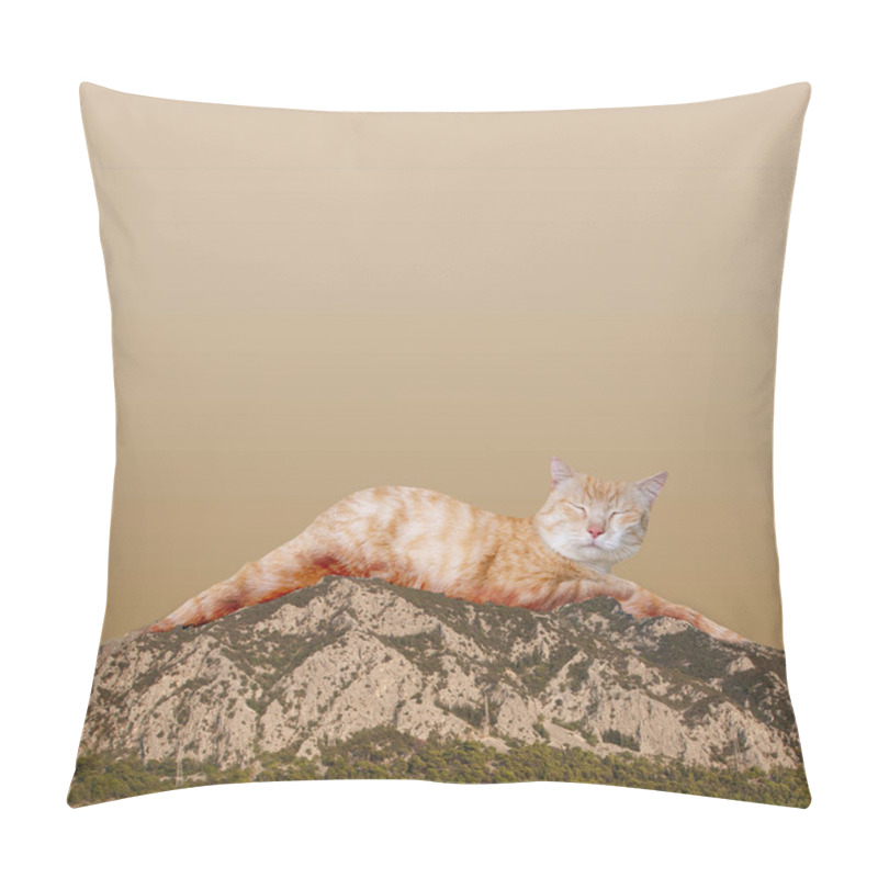 Personality  Beautiful Red Haired Cat In Image Of Mountain Over Yellow Sky Background. Travelling, Nature. Contemporary Art Collage. Concept Of Surrealism, Creativity, Animals, Imagination. Ad. Creative Design Pillow Covers