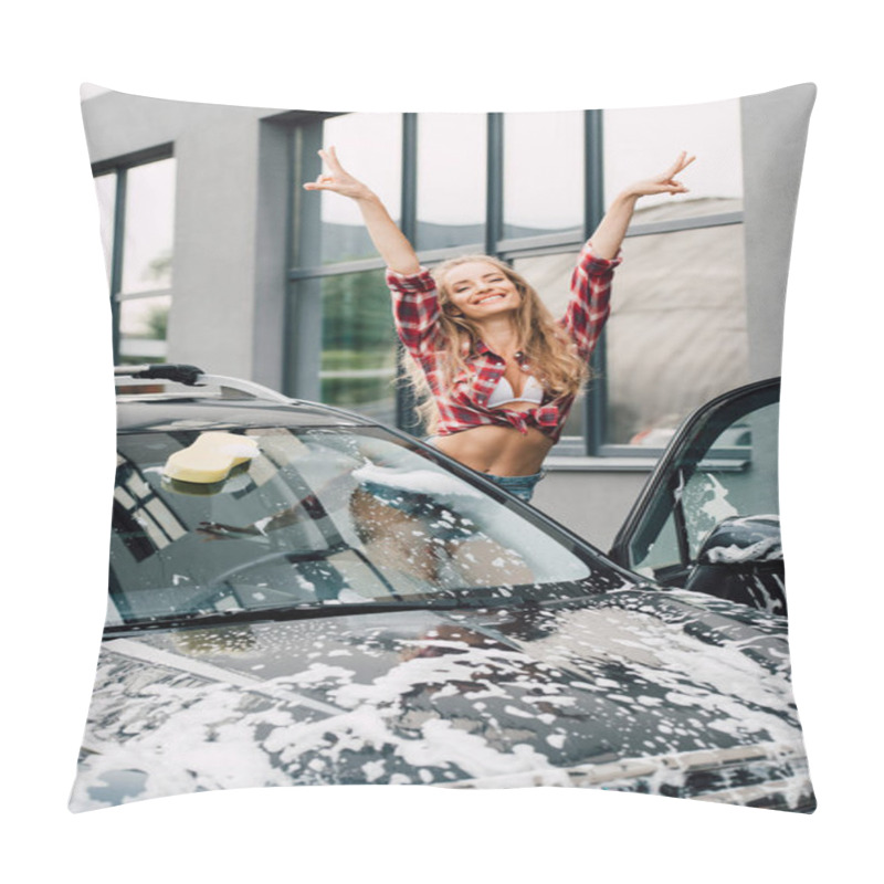 Personality  Happy Girl Showing Peace Signs Near Wet Car With Foam And Building  Pillow Covers