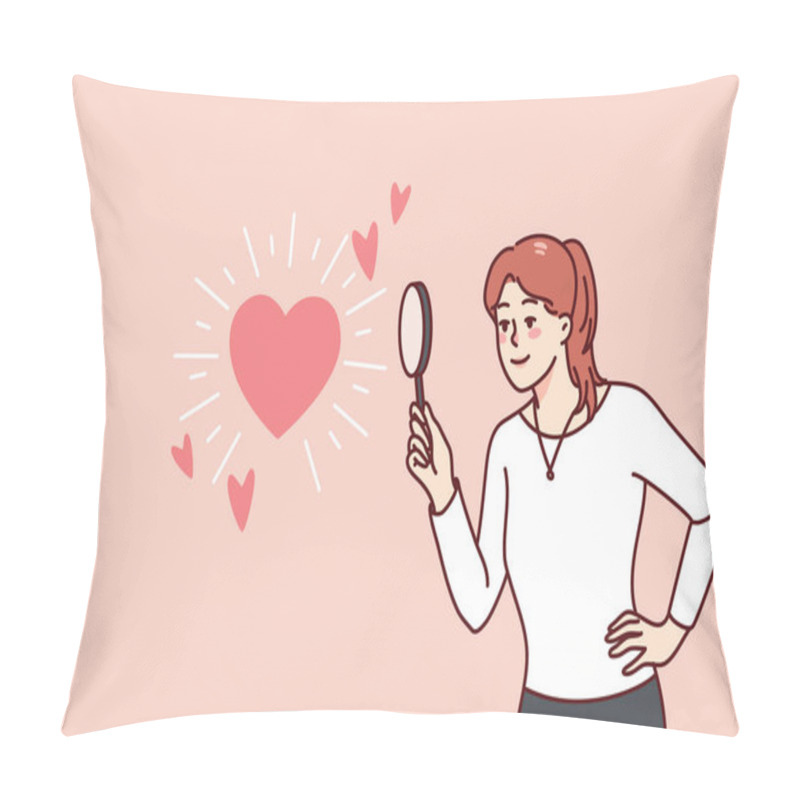 Personality  Woman Holding Magnifying Glass Looking At Heart Symbol. Happy Girl Looking For Love Or Relationships With Magnifier. Flat Vector Illustration.  Pillow Covers