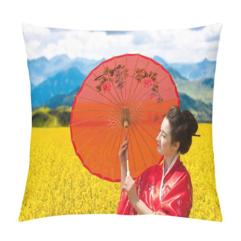 Personality  Asian Style Portrait Of A Woman With The Red Umbrella Pillow Covers