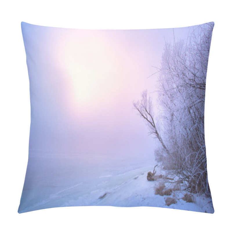 Personality  Winter Landscape: Frozen River Bank Covered With Snow At Sunrise. Panoramic Photo With Pink Reflection Of Light On The Ice Surface. For Winter Postcards, Calendars And Travel Projects Design Pillow Covers